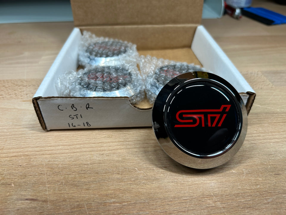 Clearance STI logo Enkei center cap, chrome with black and red logo